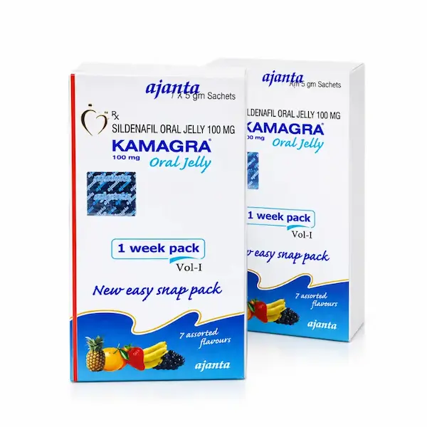Caja de Kamagra Oral Jelly 100 mg (Sildenafilo) de Ajanta Pharma